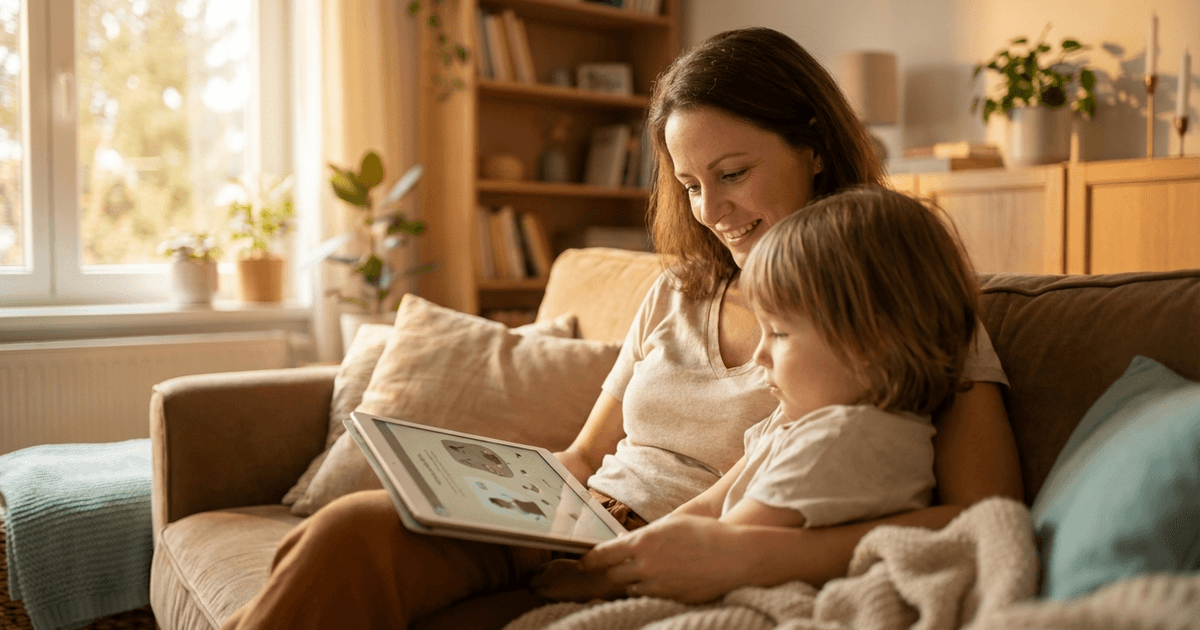 Mother and child reading together on a couch