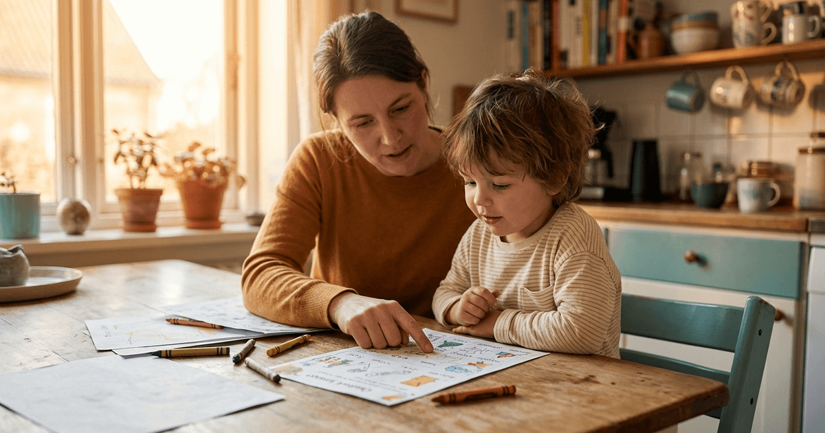 Parent helping child with learning at a kitchen table