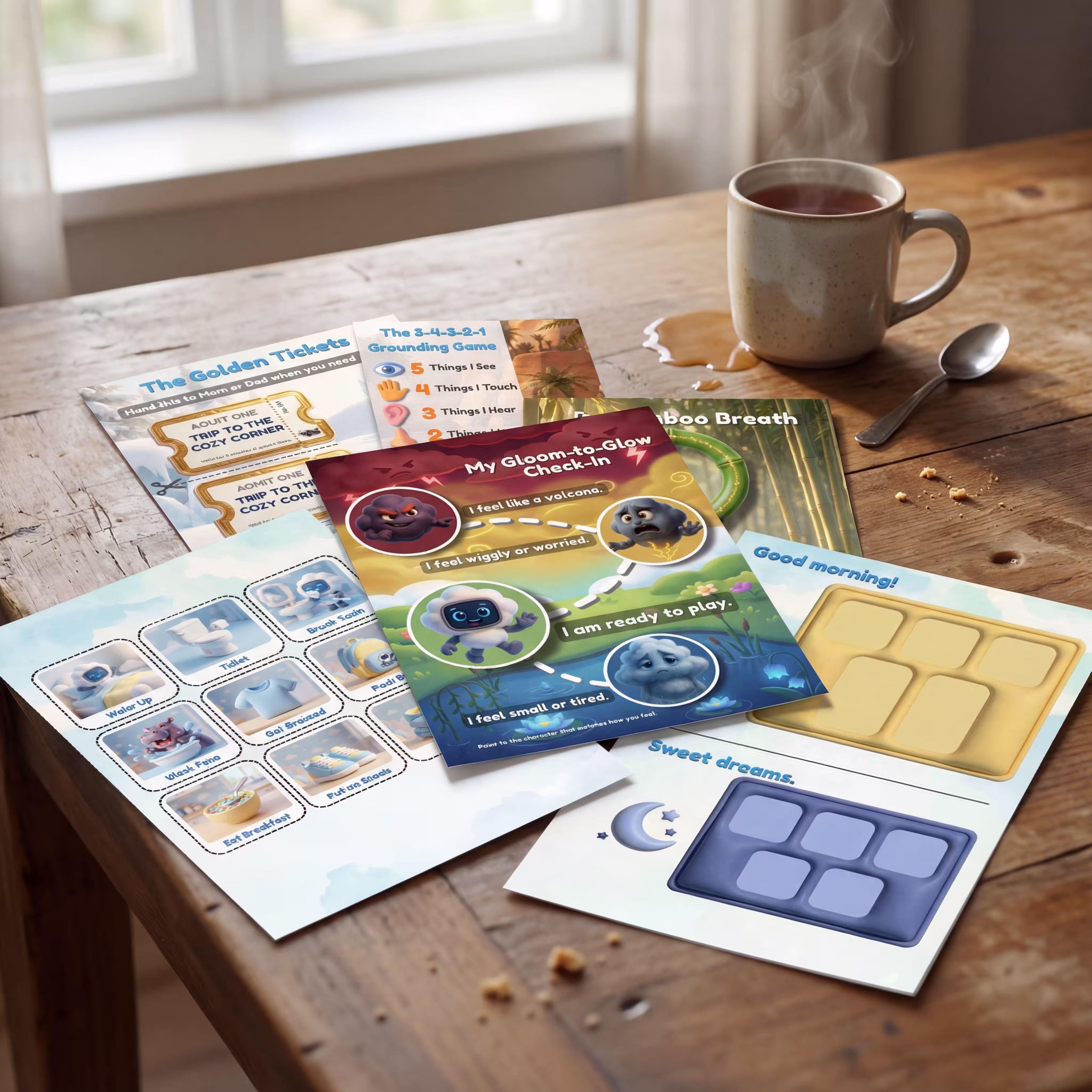Ziggyloo Sensory Regulation Kit — printable cards, breathing guides, and routine visuals spread out on a table
