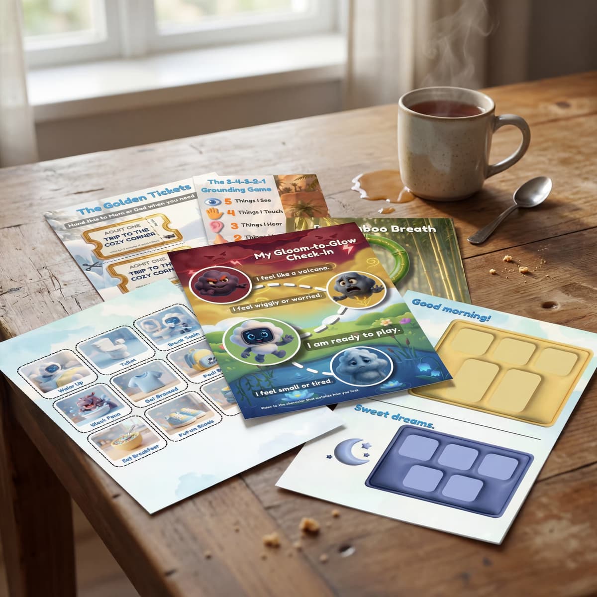 Ziggyloo Sensory Regulation Kit — printable cards, breathing guides, and routine visuals spread out on a table