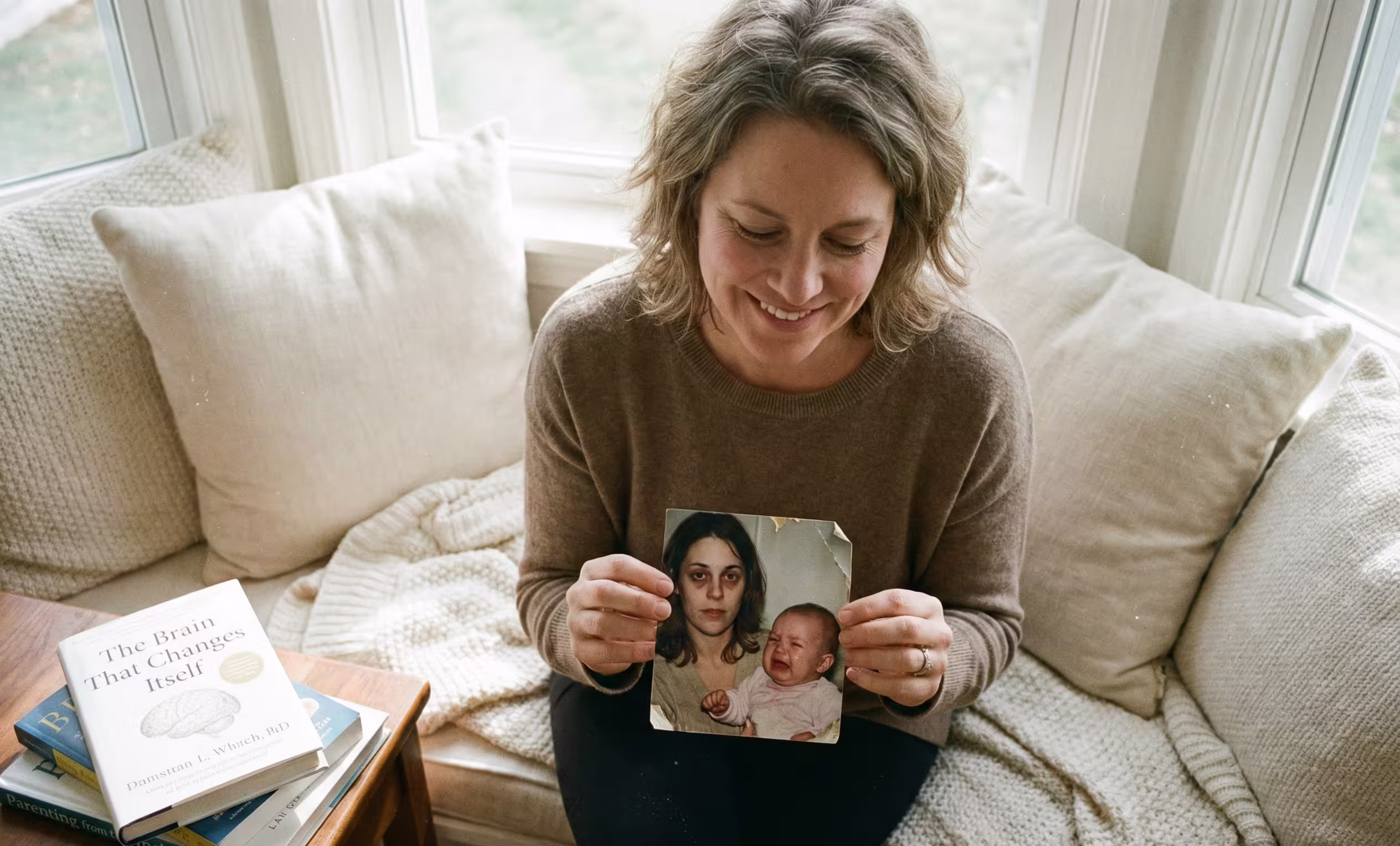 A mother sits quietly by a window, smiling reflectively while looking at an old photo of herself and her young child, contemplating the journey before and after a neurodiversity diagnosis.