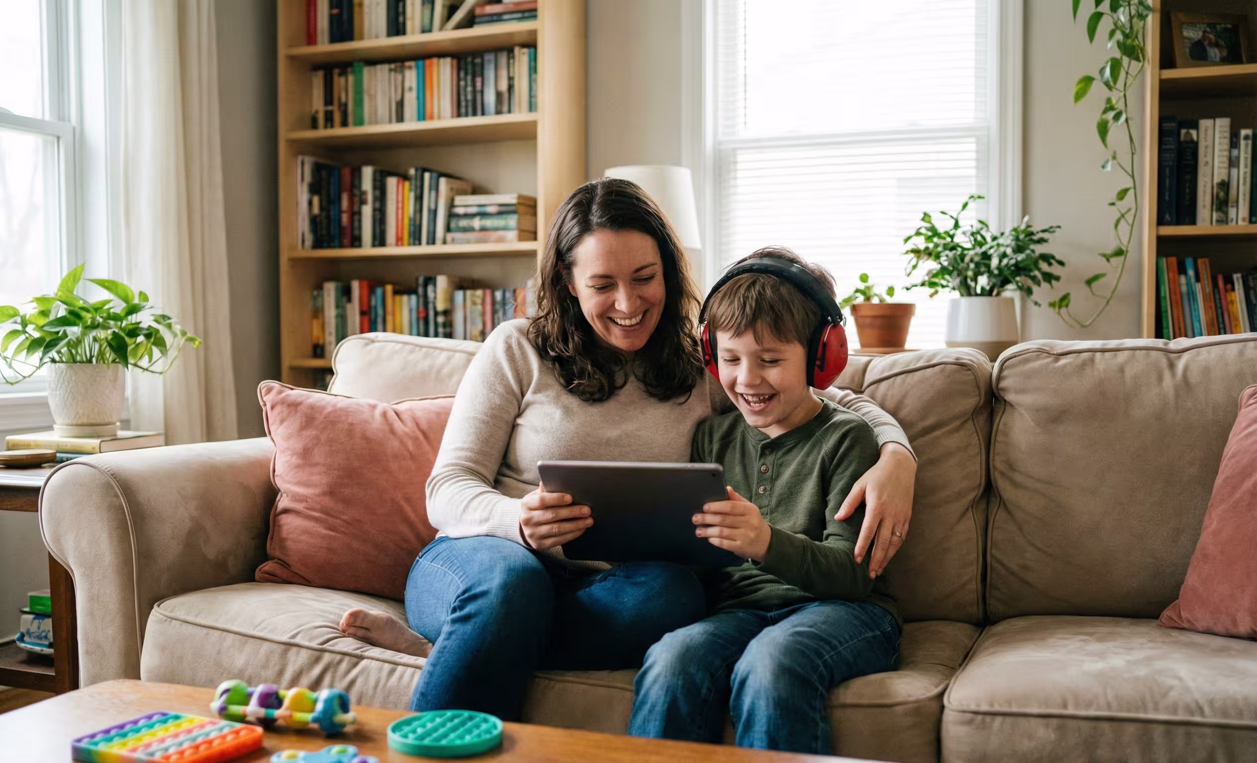 A mother and her neurodiverse child laughing together while using a learning app on a tablet in a sunlit living room, illustrating tutoring as a positive 'sidekick' experience rather than a punishment.