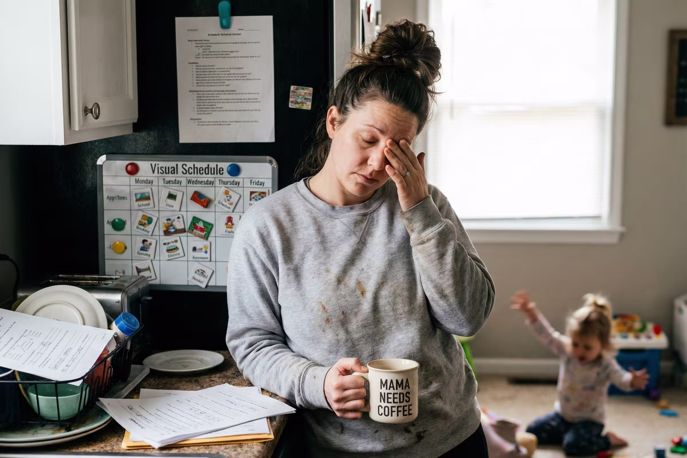 A stressed mother with a messy bun leans against a cluttered kitchen counter, holding a coffee mug and rubbing her temple, illustrating the high stress levels of parenting neurodiverse children.